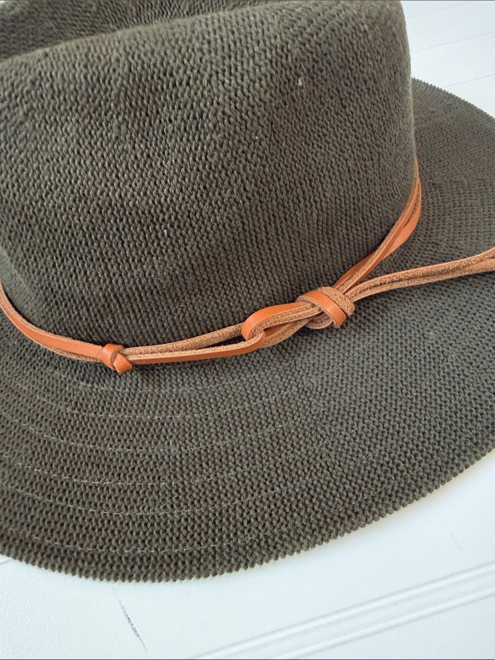 Anthropologie Olive Green Wide Brim Fedora Hat Faux Leather Band Boho Packable - Picture 5 of 5